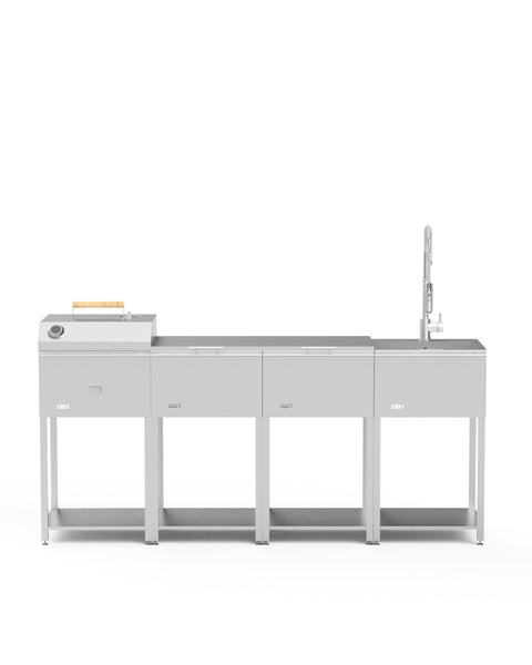 Utekök med kolgrill, diskho och lång arbetsbänk